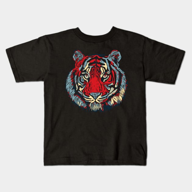 Tiger Head In Red And Blue Kids T-Shirt by brodyquixote